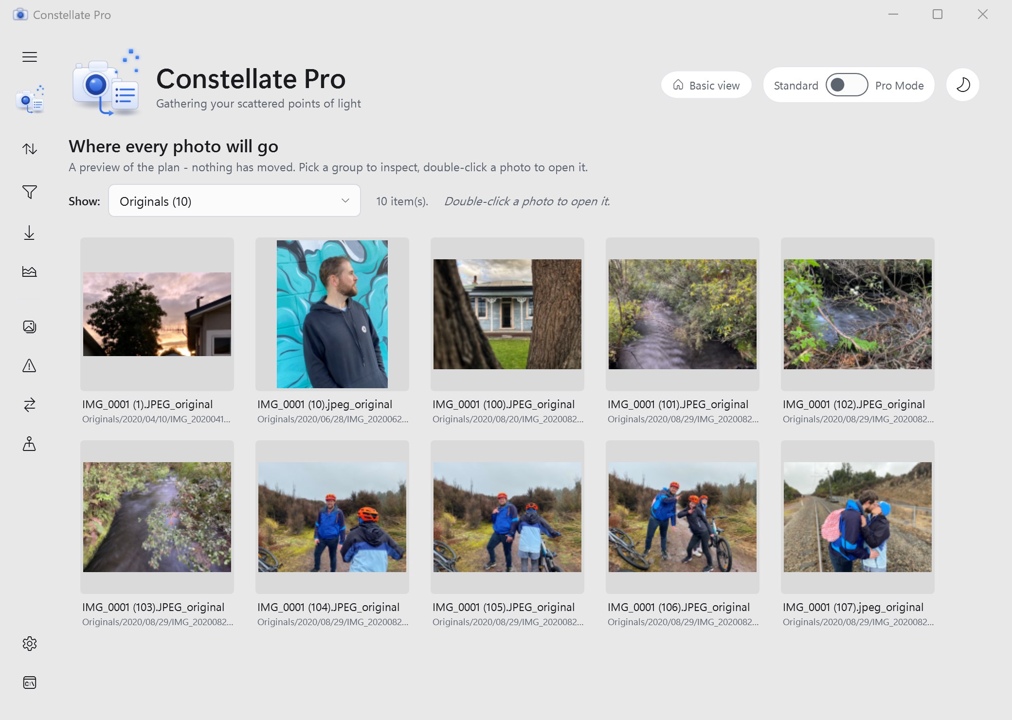 Constellate's preview screen showing where every photo will go, with thumbnails