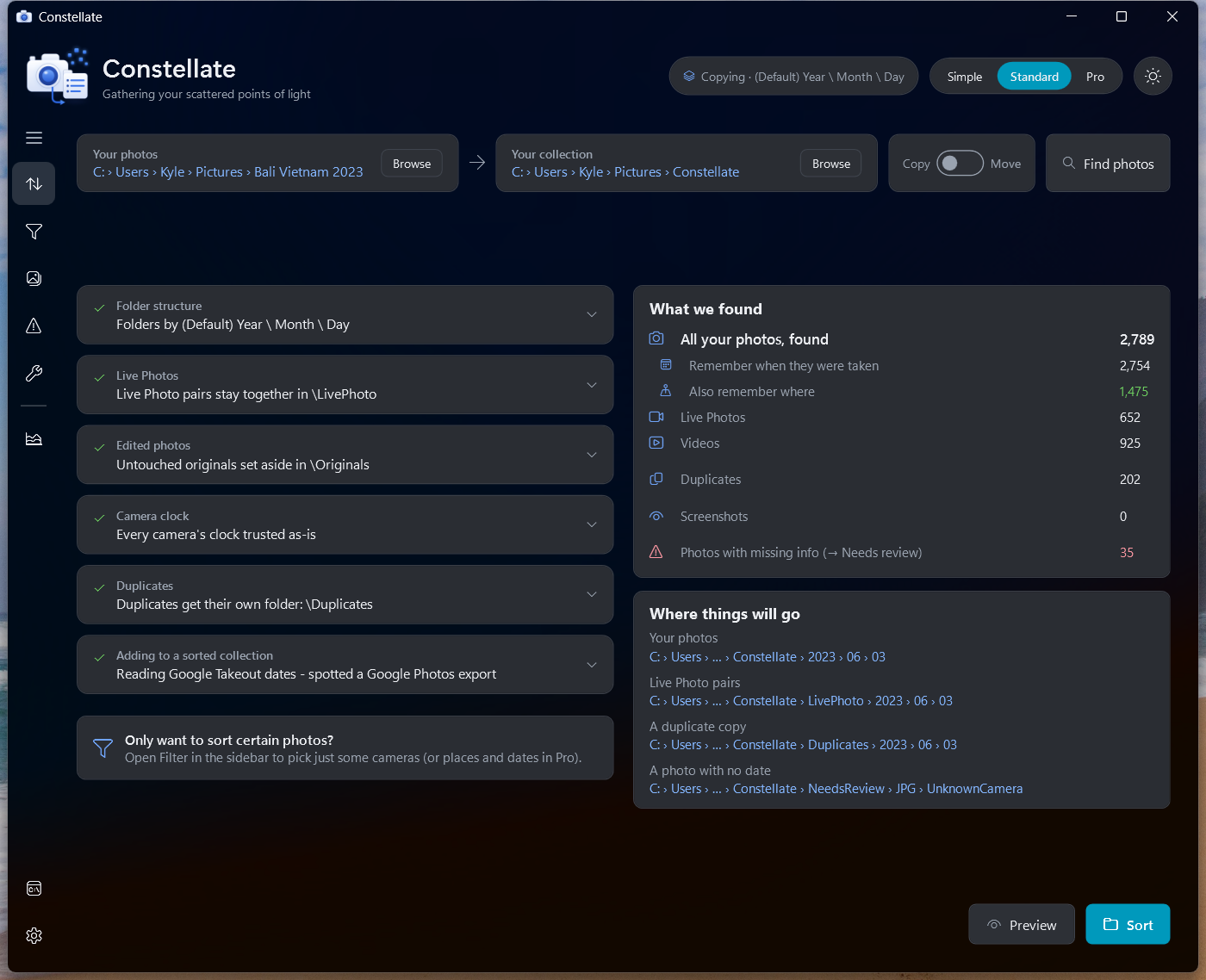 Constellate in dark mode showing what it found in a real library