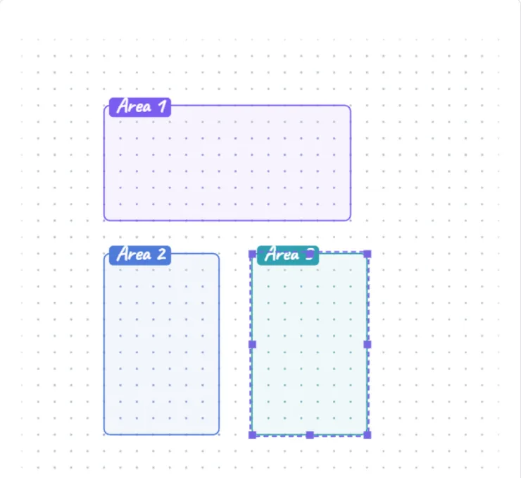 The design canvas with three named areas drawn straight onto the dot grid