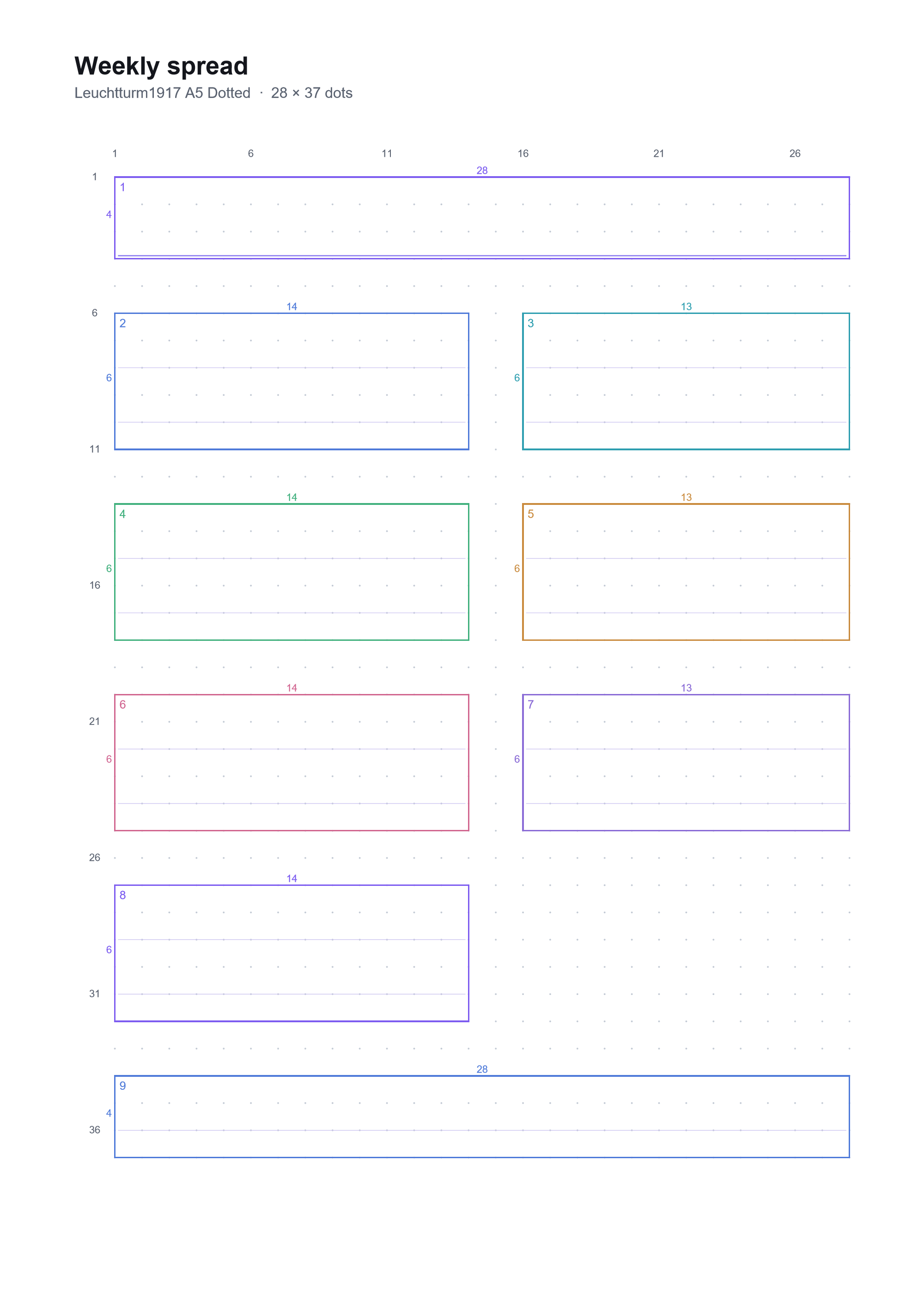A printed Starchart pattern with dot rulers and every section dimensioned in dots