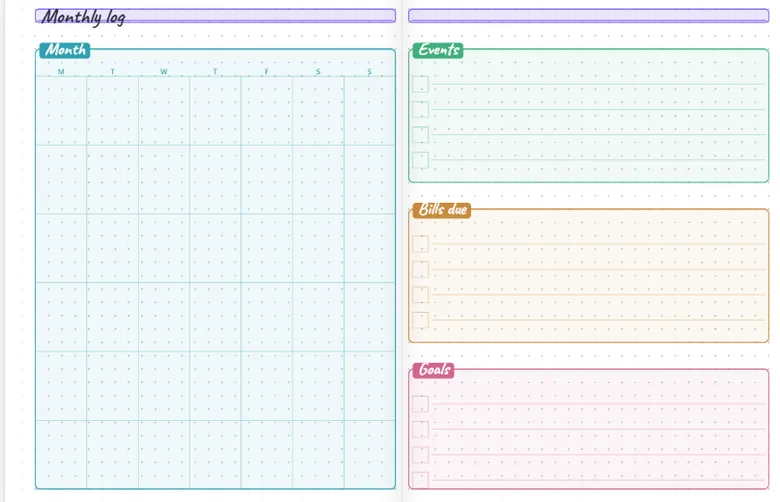 A monthly log opened across a two-page spread, calendar on the left and event, bills and goals lists on the right